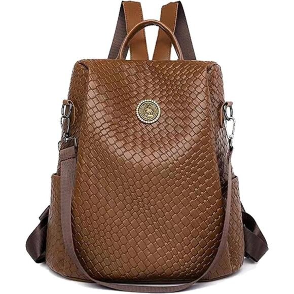Woven Leather Backpack Purse for Women Waterproof Anti-theft Multipurpose - Picture 1 of 7